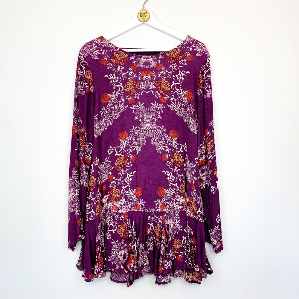 Free People Deep V Back L/S Floral Ruffle Dress